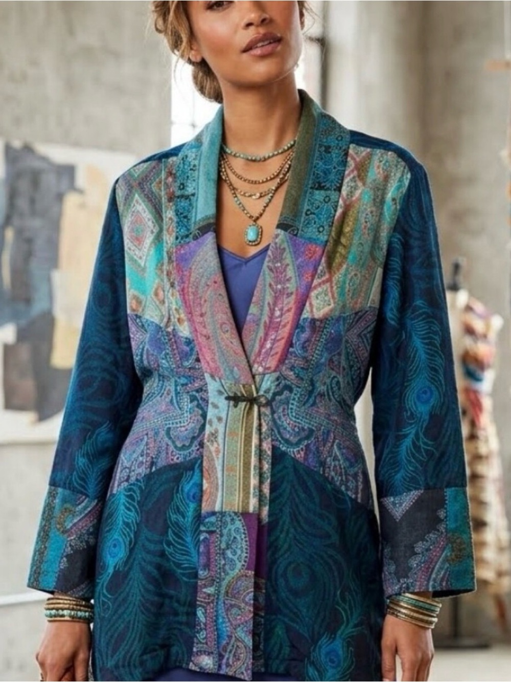 Soft Surroundings Karli Kimono Teal and Patchwork Peacock Tapestry Jacket L